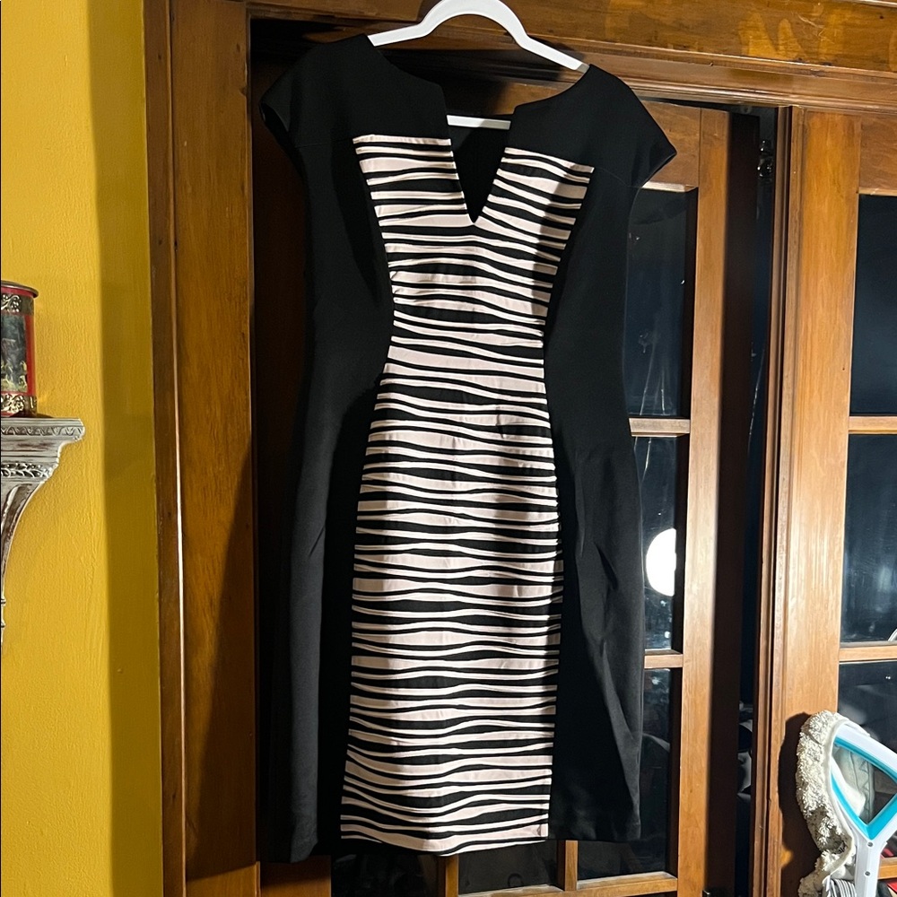 Connected Apparel Black‎ and beige Midi Dress